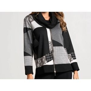 By JJ Womens Abstract Cowl Neck Zip Front Tunic Sweater Black White Medium